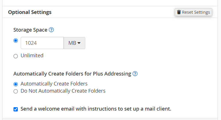 storage space email accounts in cpanel