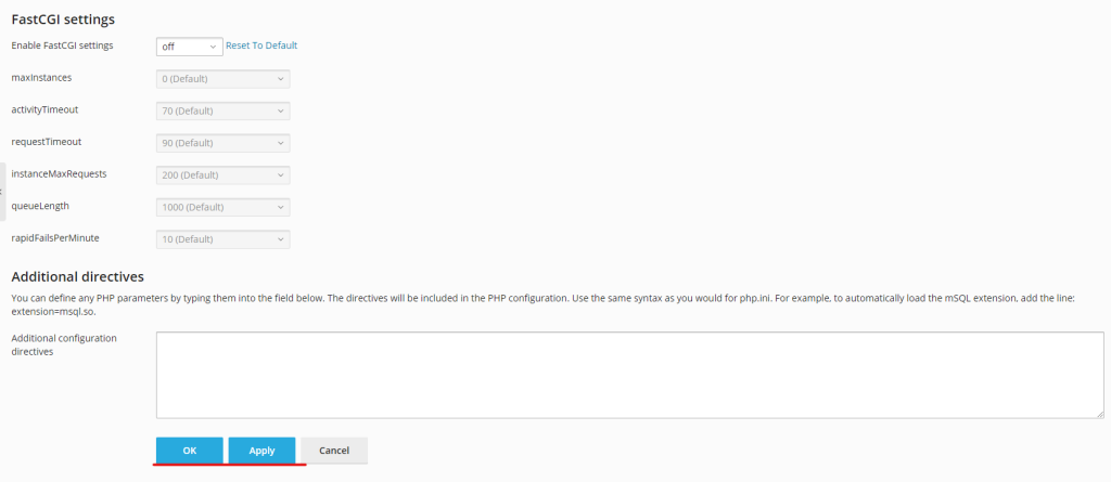 Apply or Ok php version in plesk