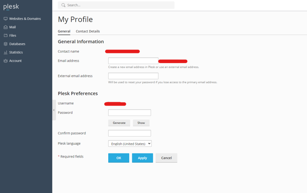 My Profile plesk password