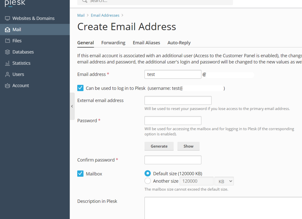 create a email accounts in plesk