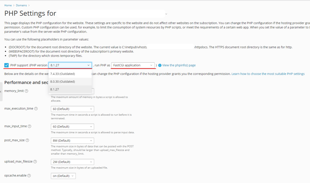 php version plesk