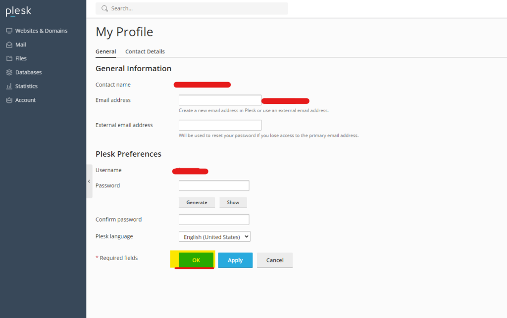 My Profile plesk password
